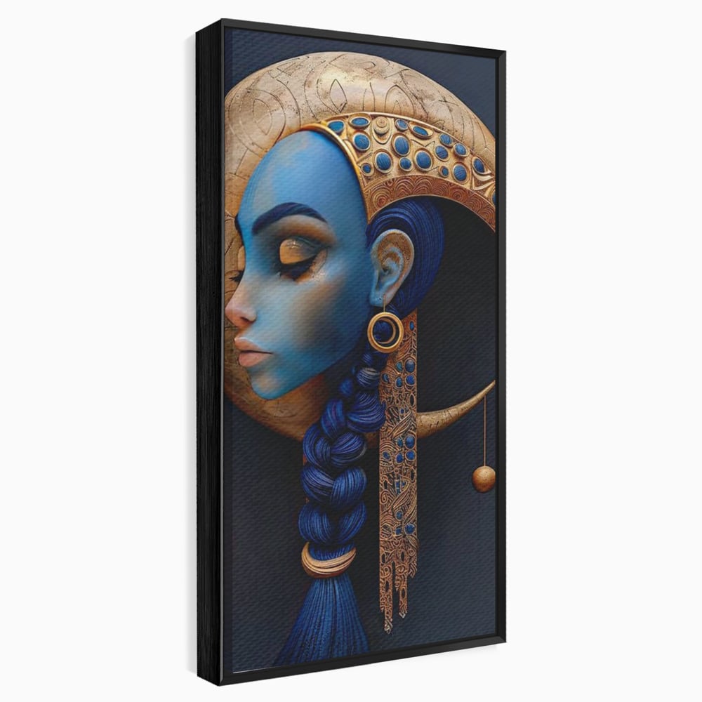 Tablou canvas cu tablou canvas portret de femeie albastra, in rama de aluminiu negru